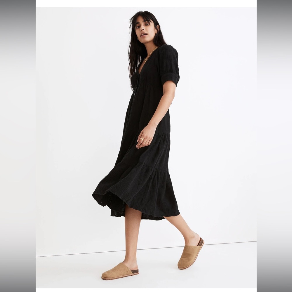 Madewell Lightspun Button-Front Tiered Midi Dress